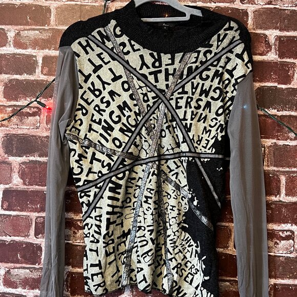 Tops - Aria Black & Grey Graphic Knit Top with Mesh Sleeves & Silver Accents - Large